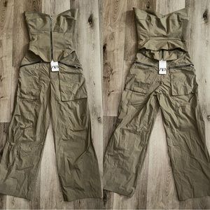 Used Zara khaki Bustier corset top and Topstitched zippered pants set